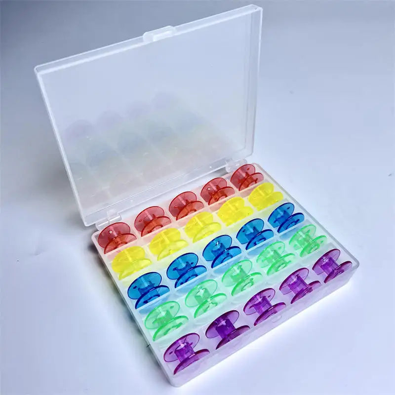25Grids Transparent Plastic Bobbin Storage Box Sewing Thread Bobbin Case with Colorful Plastic Bobbins for Home Sewing Machines Peaceful Pleasures Health and Wellness with colour bobbins