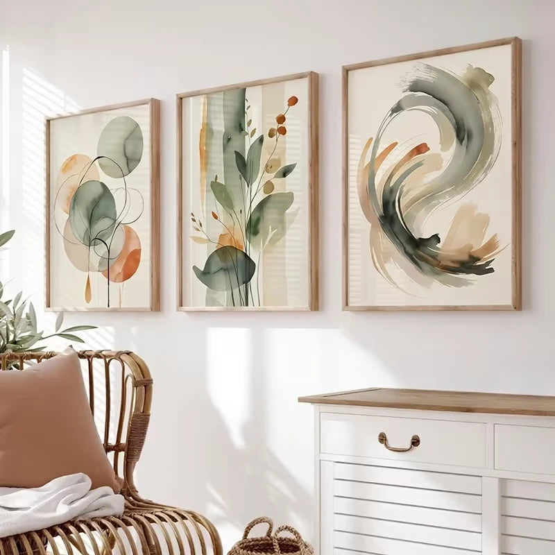 3-Piece Beige & Sage Abstract Watercolor Canvas Wall Art Set