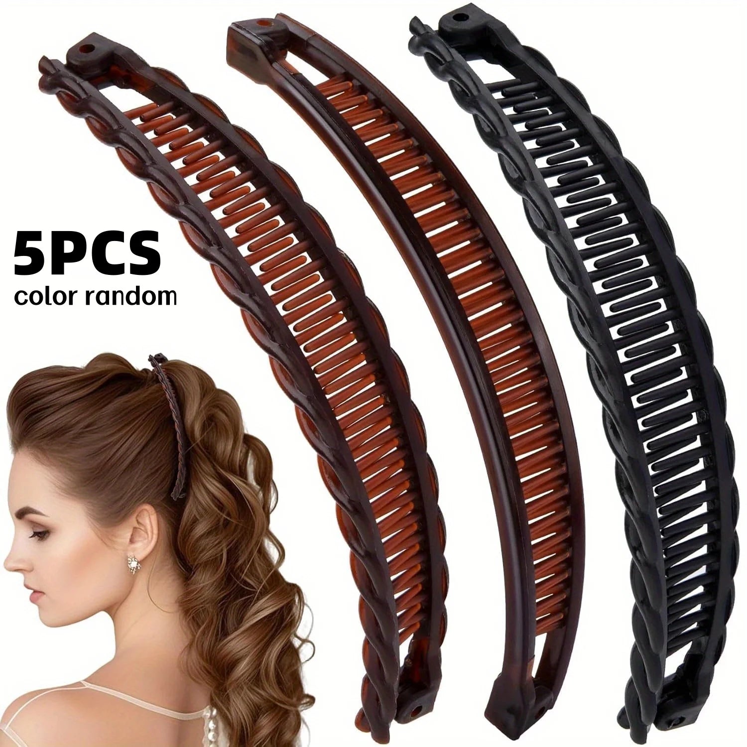 5-Pack of Random Color Banana Clips for Women, Large Size - Vintage Non-Slip Double-Tooth Clips Suitable for Thick, Long, Curly Hair, Stable and Non-Falling & Gentle on Hair, Coffee Color and Black, Vintage Style Women's Larg Peaceful Pleasures Health and Wellness 5Pcs