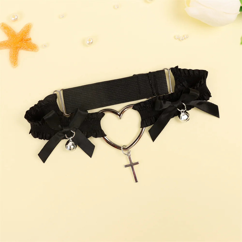 Lolita Lace Garters Leg Belt Punk Cross Heart Bow Ring Goth Elastic