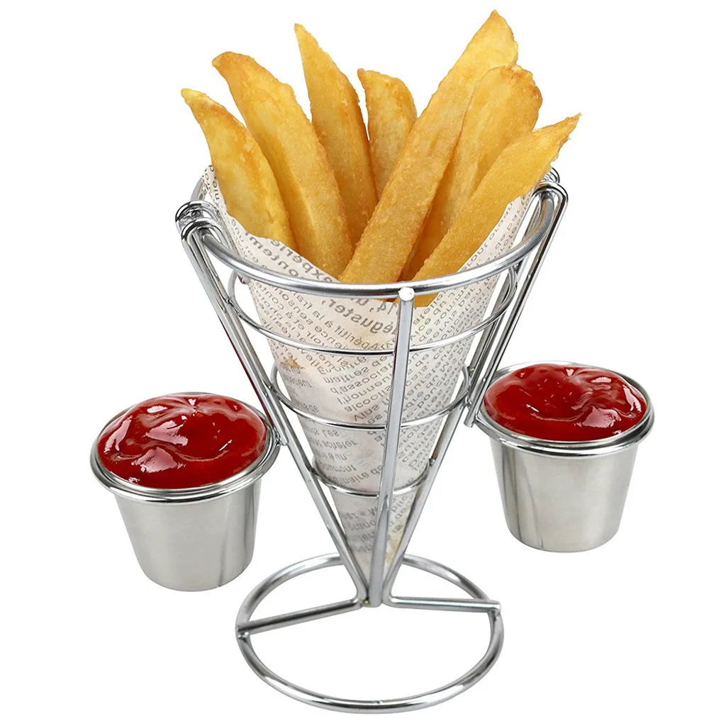 Stainless Steel French Fry Cone Stand with Dip Bowls