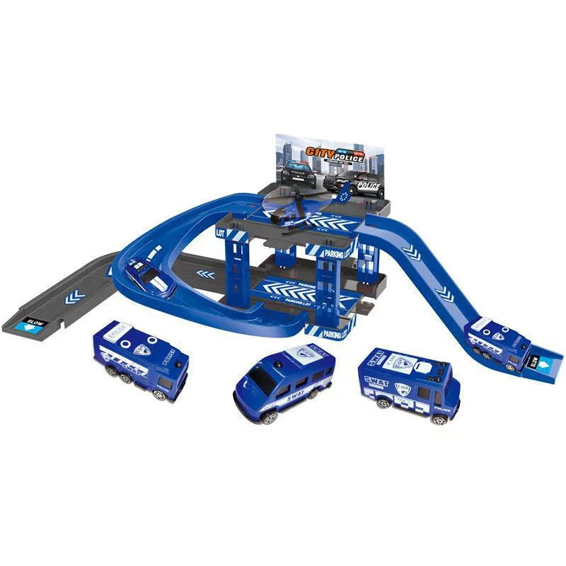 Dinosaur Parking Lot Toy Set – Fire, Police & Engineering Cars