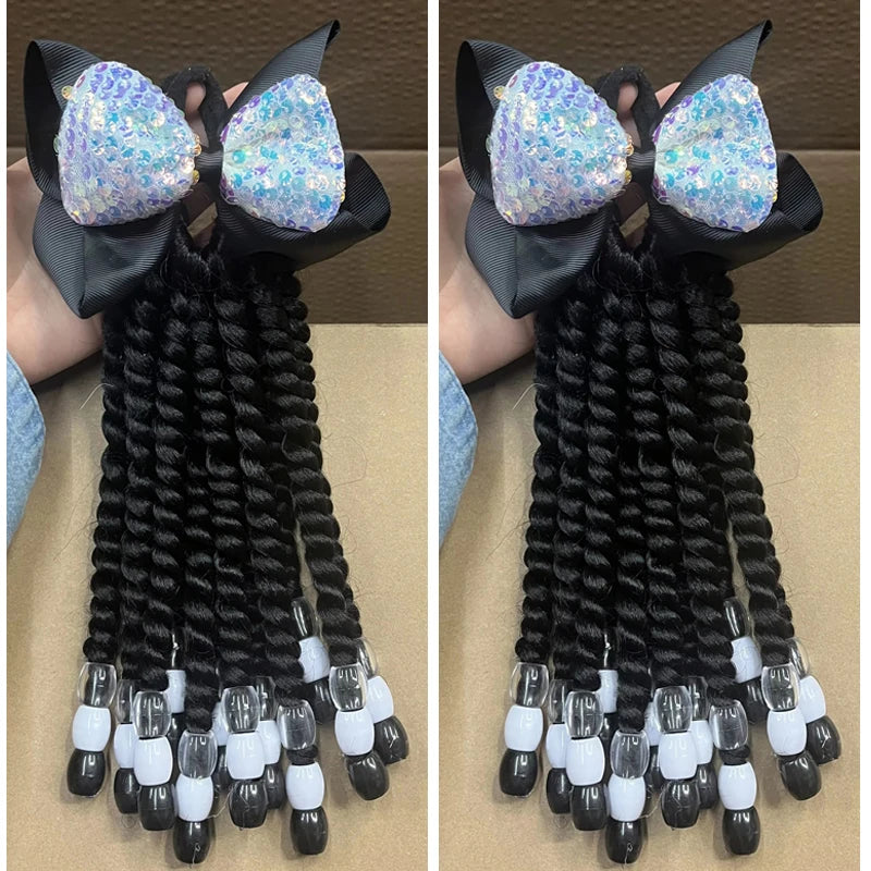 2PCS Hair 2024 New Little Girls Braided Ponytails with Beads Kids Girls Hair Bow Glitter Shinny Shining with Big Balls Bubbles Peaceful Pleasures Health and Wellness