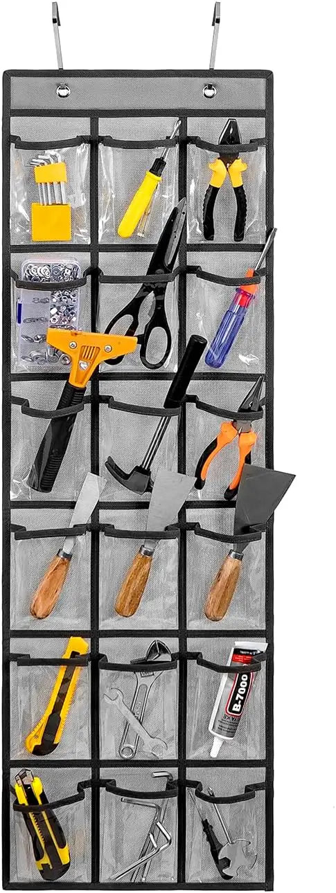 Wall-mounted tool organizer with various tools in clear pockets