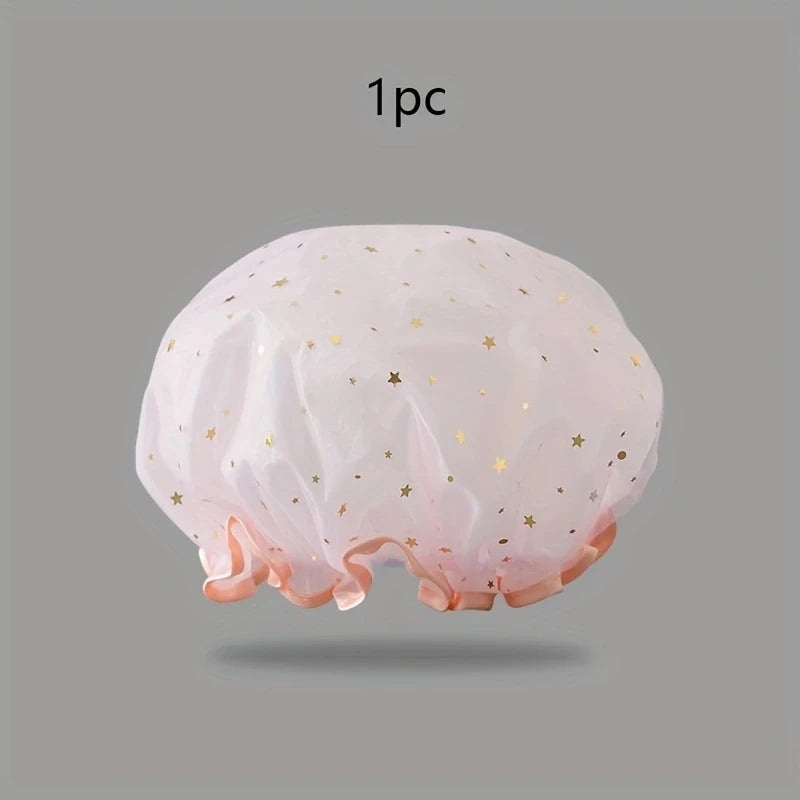 Waterproof Double-Layer Shower Cap Starry Sky Design Fashion Reusable Bathing Hat Kitchen Oil-proof Sanitary Hat Peaceful Pleasures Health and Wellness pink