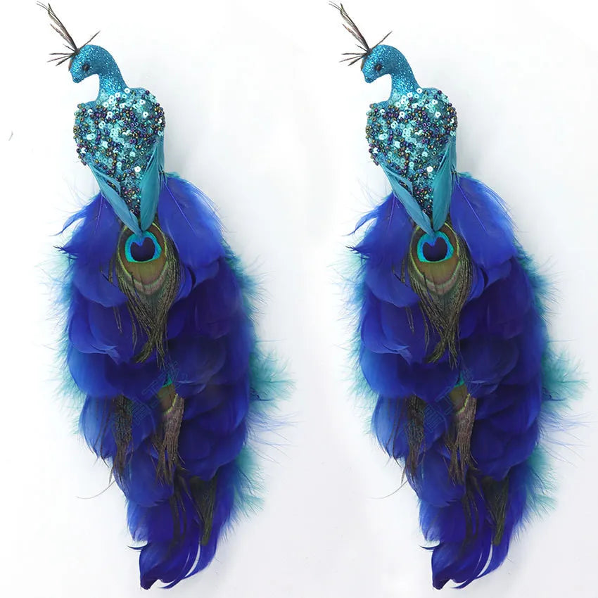 Christmas Decorations Faux Glitter Blue Peacock Ornaments With Tail Feather For Christmas Tree Decorations Garden Decor Yard Peaceful Pleasures Health and Wellness