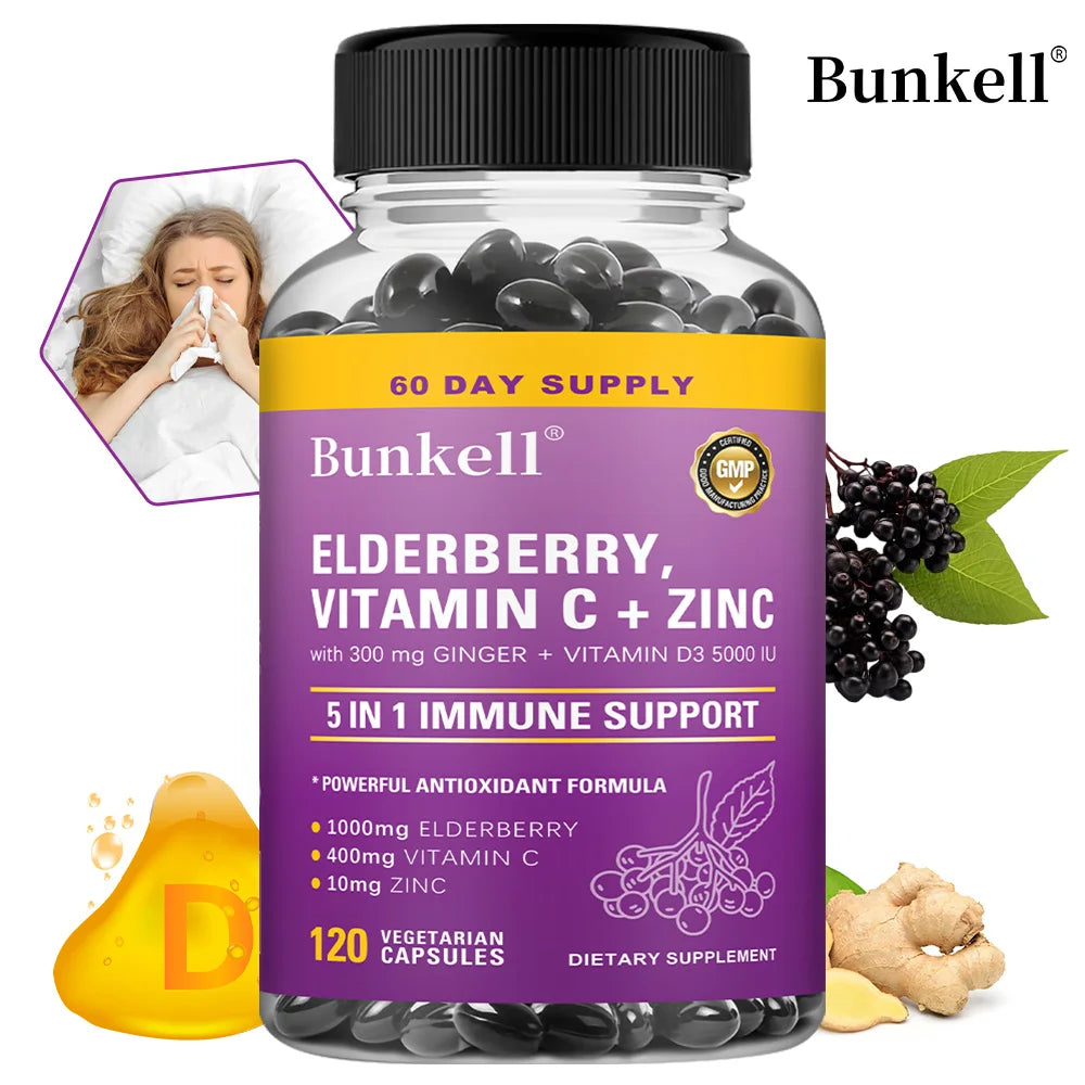 Elderberry Immune Support Capsules 1000MG with Vitamin C Zinc & Ginger - Antioxidant, Healthy Skin, Energy Boost for Men & Women Peaceful Pleasures Health and Wellness