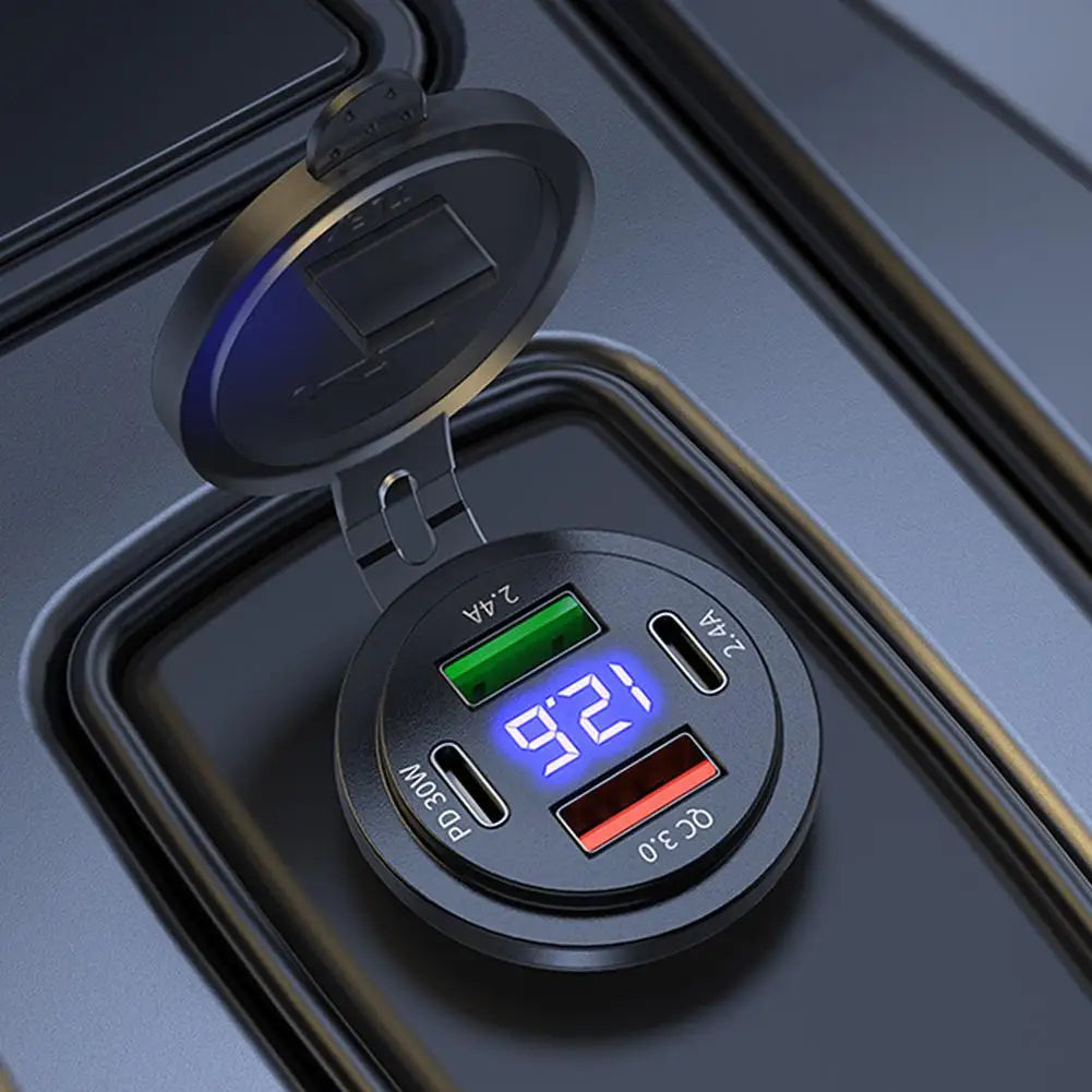 4-Port USB Car Charger 30W PD QC3.0 Fast Charging LED Display