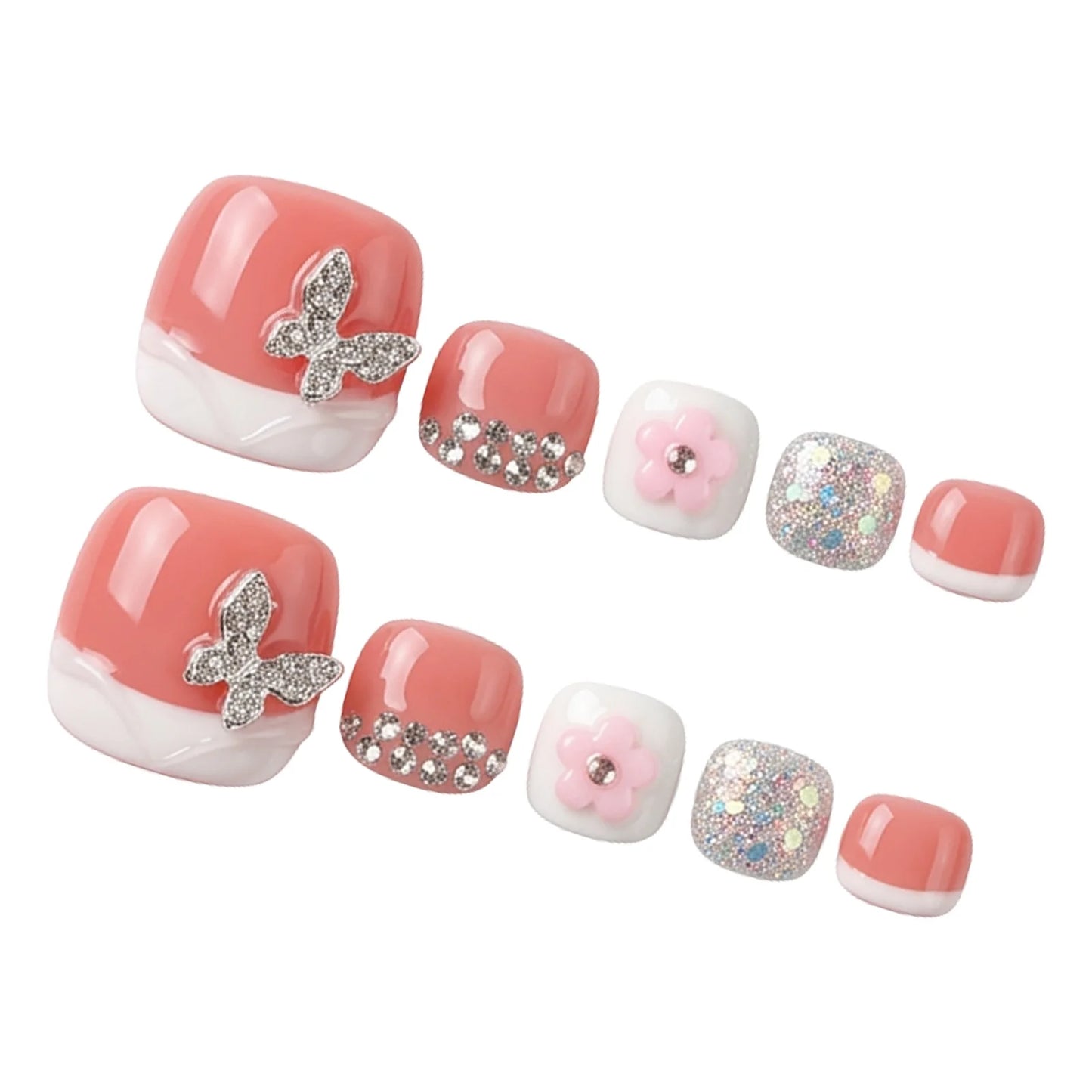 12pcs 3D Butterfly Nail Art Handmade Press On Toe Nails Translucent Pink With Rhinestone Classic White French Glitter False Nail Peaceful Pleasures Health and Wellness