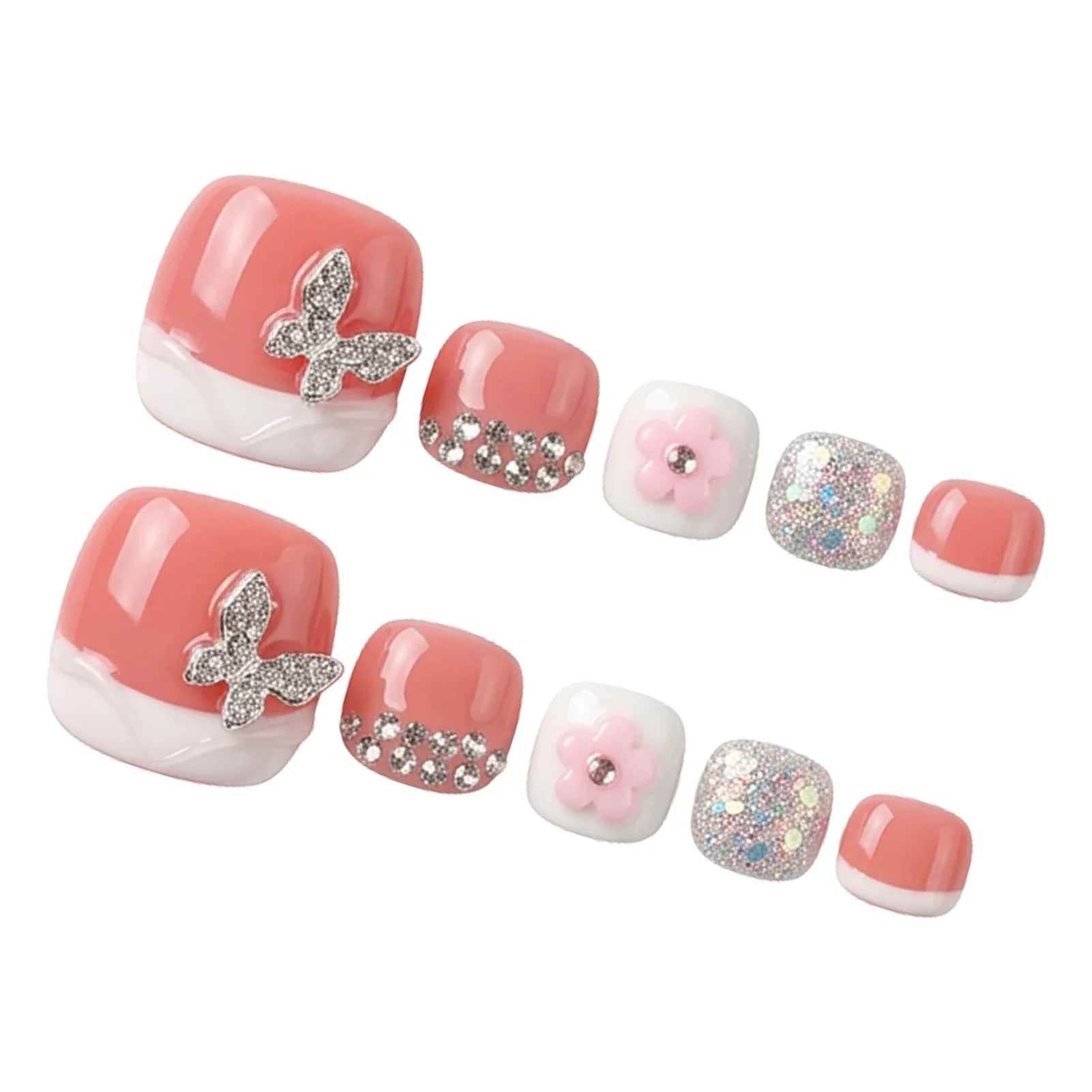 12pcs 3D Butterfly Nail Art Handmade Press On Toe Nails Translucent Pink With Rhinestone Classic White French Glitter False Nail Peaceful Pleasures Health and Wellness