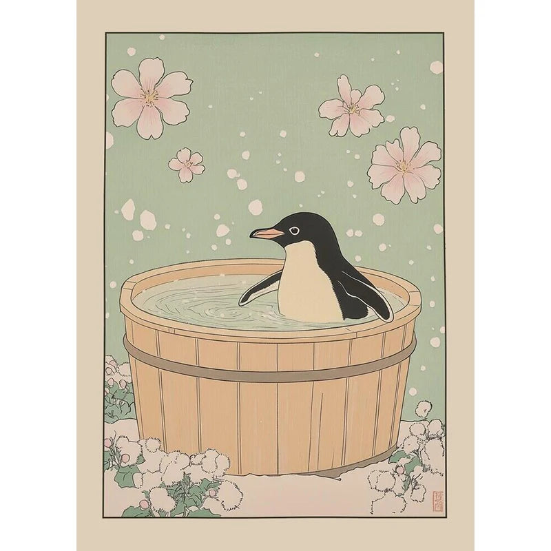 Japanese Cute Animals Bathtub Canvas Wall Art | Bathroom Decor