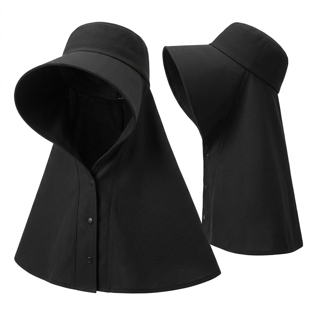 Women Sun-Protection Fisherman Hat Wide Brim Neck Cover UPF50+ Anti UV Ponytail Design Peaceful Pleasures Health and Wellness black