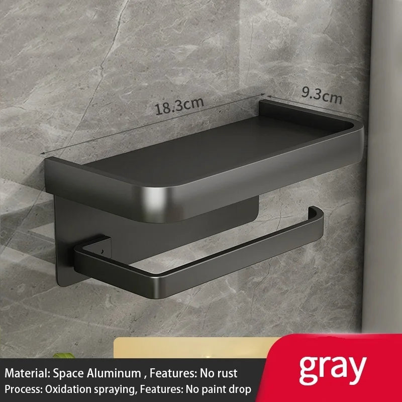 Wall-Mounted Aluminum Toilet Paper Holder with Phone Shelf Toilet Paper Holder Peaceful Pleasures Health and Wellness grey tissue holder