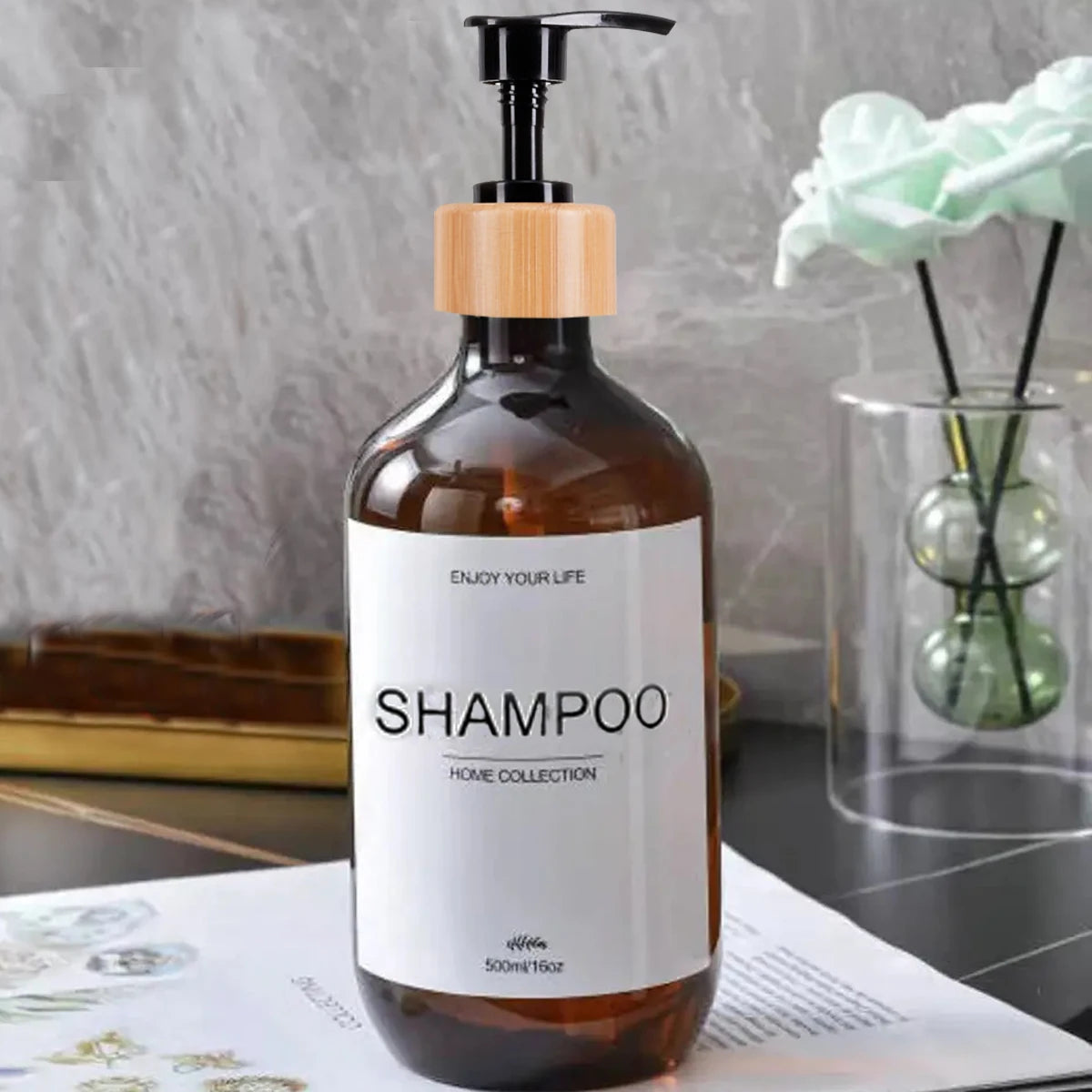 Bathroom Shampoo Dispenser Set 500ml Conditioner Body Wash Bottles Refillable Dispenser Farmhouse Decoration Storage Bottles Peaceful Pleasures Health and Wellness Brown-S 1