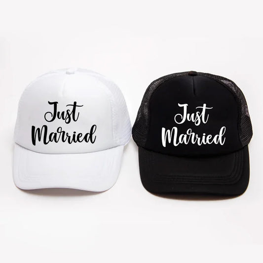 Just Married Trucker Hat | Newlywed Couples Wedding Gift Novelty Trucker Hat Peaceful Pleasures Health and Wellness