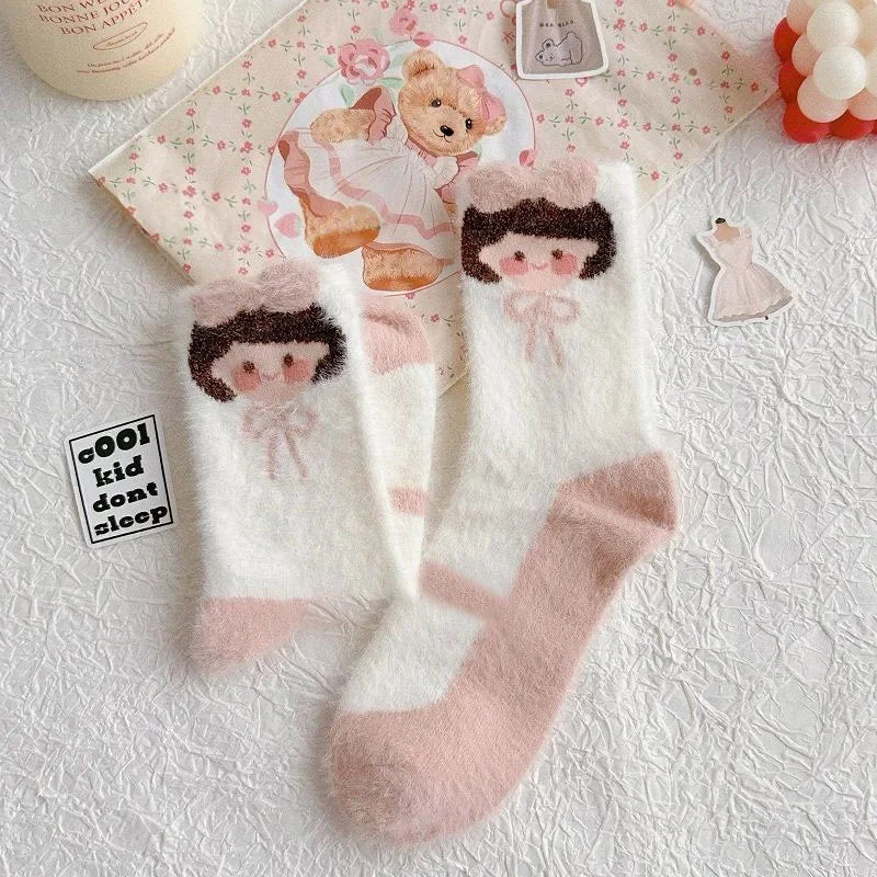 Rabbit Velvet Socks Children's Autumn and Winter Thick Warm Socks Floor Socks Plush Soft Breathable Pink Strawberry Girl Socks Peaceful Pleasures Health and Wellness Style 1 One Size