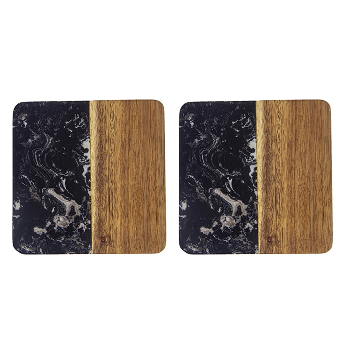 Stylish Wooden and Marble Coaster Set, Elegant Design for Coffee Tables, Durable, Perfect for Protecting Your Furniture Peaceful Pleasures Health and Wellness Black Square 2 pcs