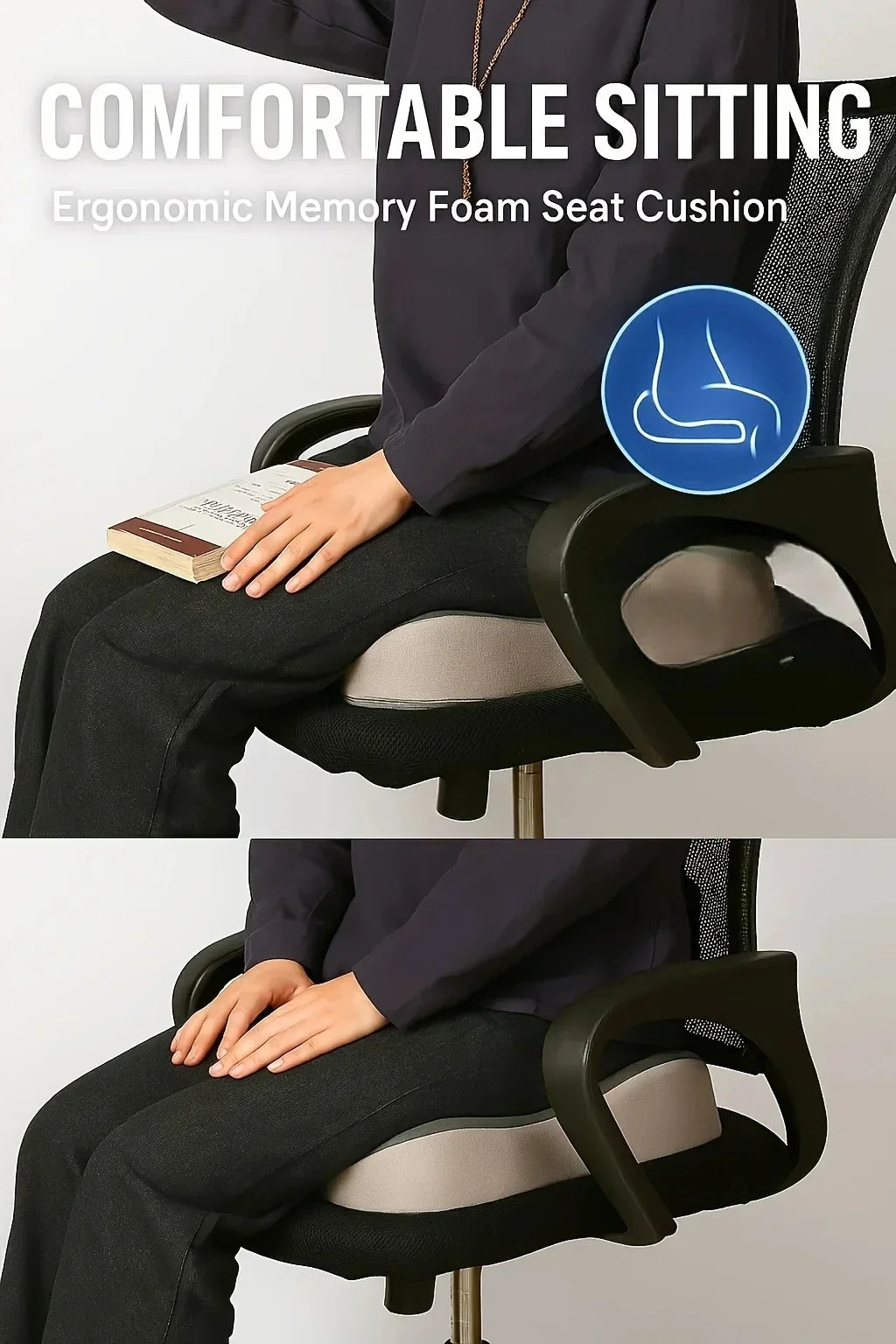 Memory Foam Seat Cushion – Ergonomic Center Groove, Non-Slip