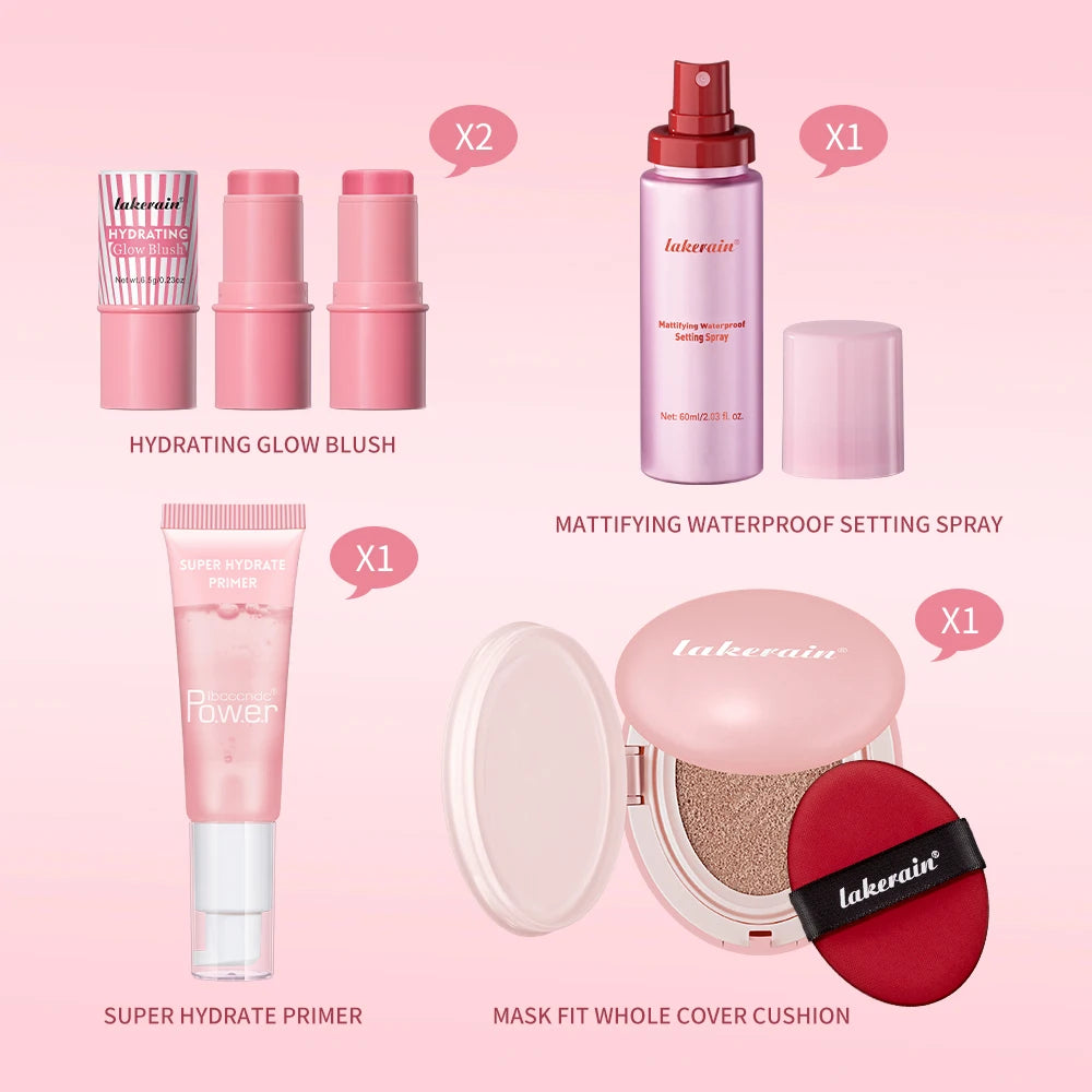Pink Makeup Set Primer Setting Spray Include Air Cushion Foundation Base MakeupLipstick 5pcs/set Blush Hold Cosmetics Kit Peaceful Pleasures Health and Wellness