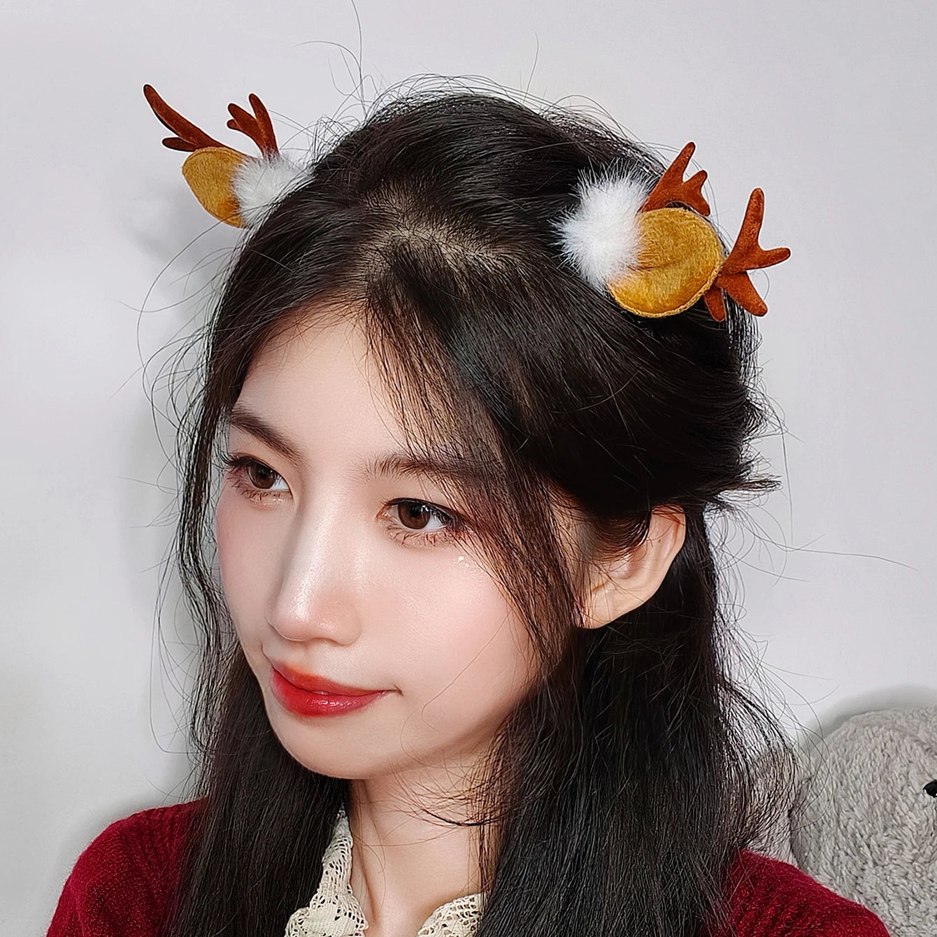 Festive Deer Antlers Hair Clips with Fluffy Pom-Poms Peaceful Pleasures Health and Wellness