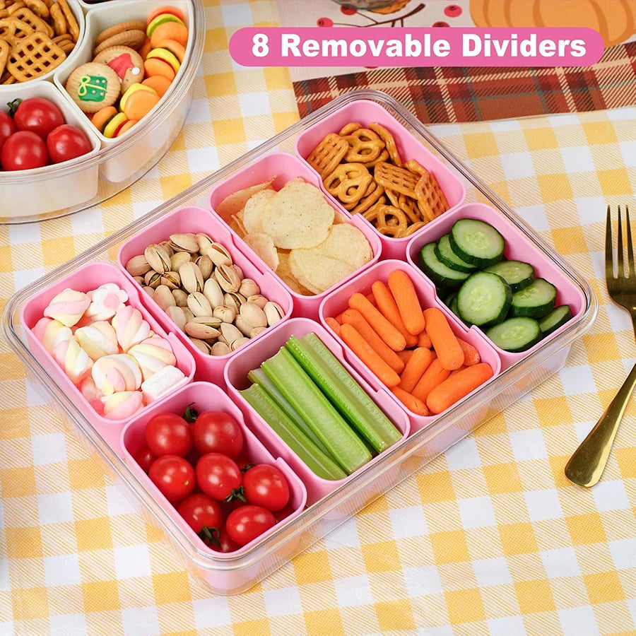 Snackle Box Container – 8-Compartment Divided Serving Tray with Lid & Handle for Candy, Fruit & Snacks