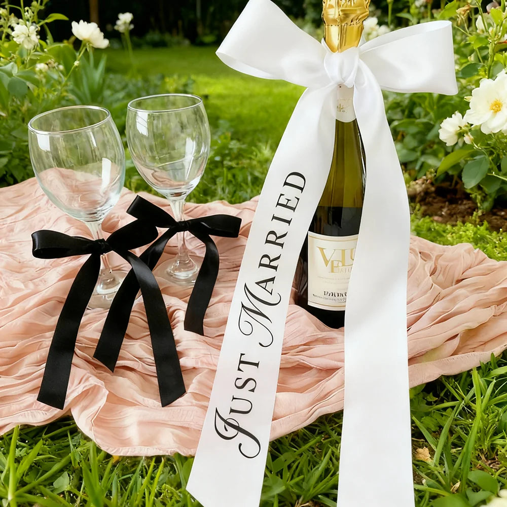 5-Piece Just Married White Bow Ribbon Placecards | Wedding Decor Wedding Placecards Peaceful Pleasures Health and Wellness just married 5pcs4x140cm