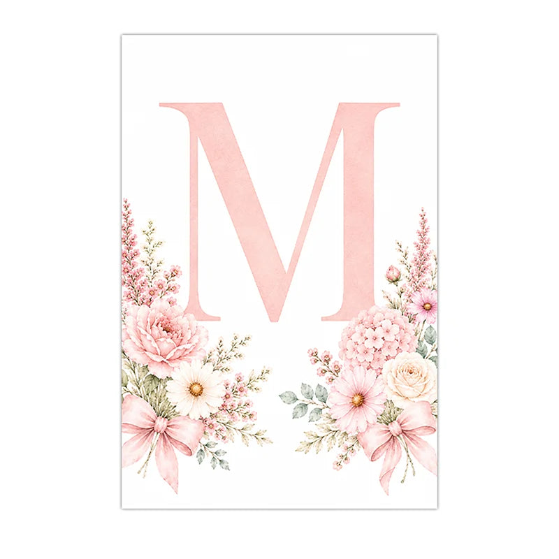 Floral Alphabet Wall Art Custom Letter Canvas Painting Pink Flower Poster Print Nursery Wall Decor Peaceful Pleasures Health and Wellness