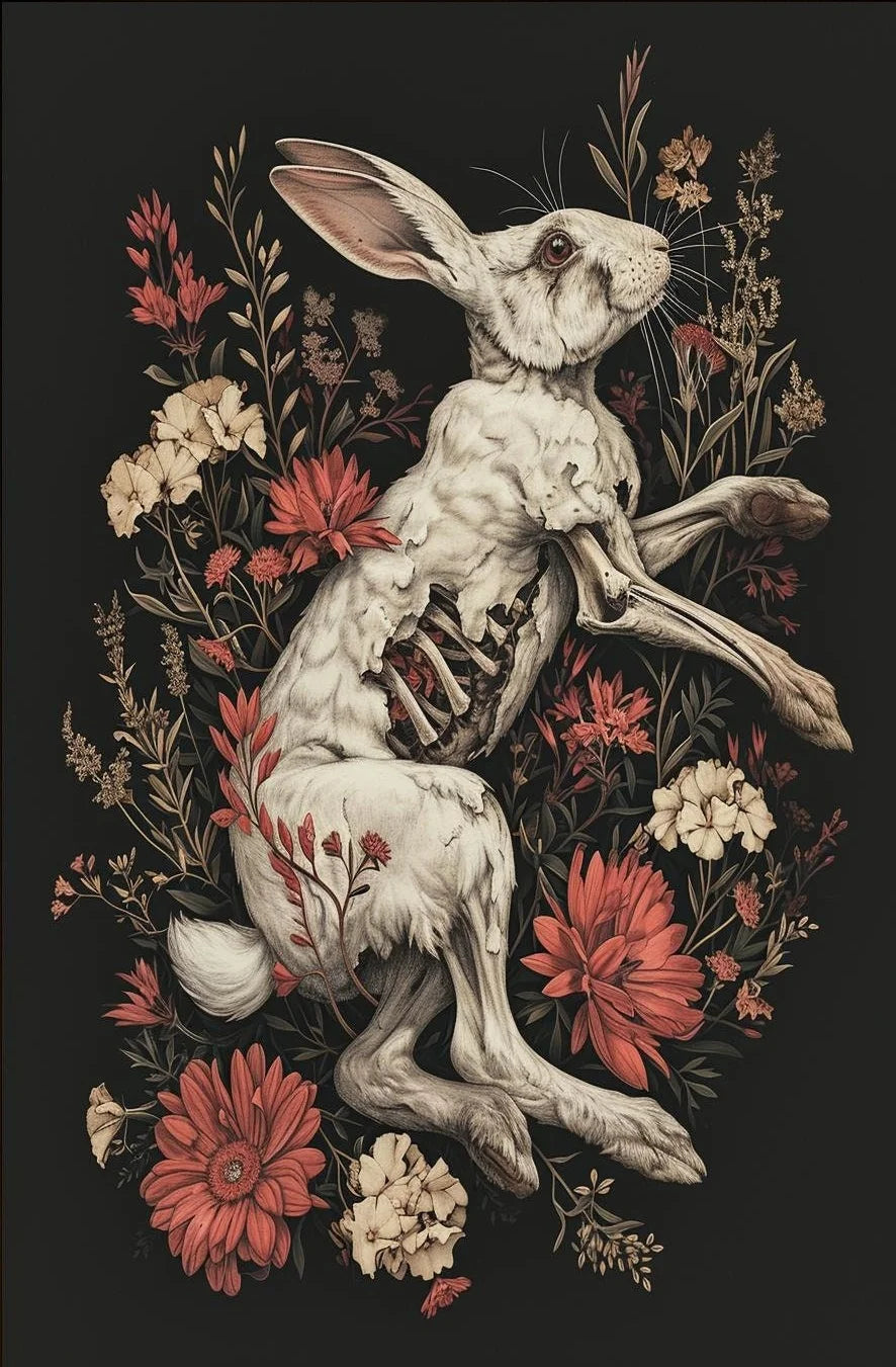 Horrible Floral Skeleton Animal Poster Gothic Bat Owl Rabbit Fox Canvas Painting Occult Wall Art Dark Academia Room Home Decor Peaceful Pleasures Health and Wellness 9 40x50cm