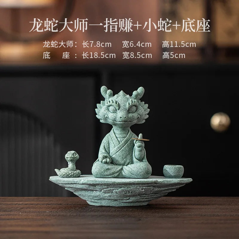 Alabaster Dragon-Snake Tea Pet & Incense Base | Feng Shui Decor Feng Shui Figurine Peaceful Pleasures Health and Wellness green