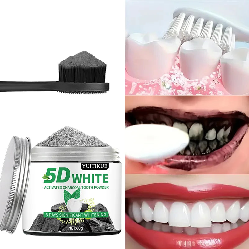 YUlTlKUE 5D White Activated charcoal Tooth Powder Natural Teeth Whitening Oral Care Fresh Breath 60g Peaceful Pleasures Health and Wellness