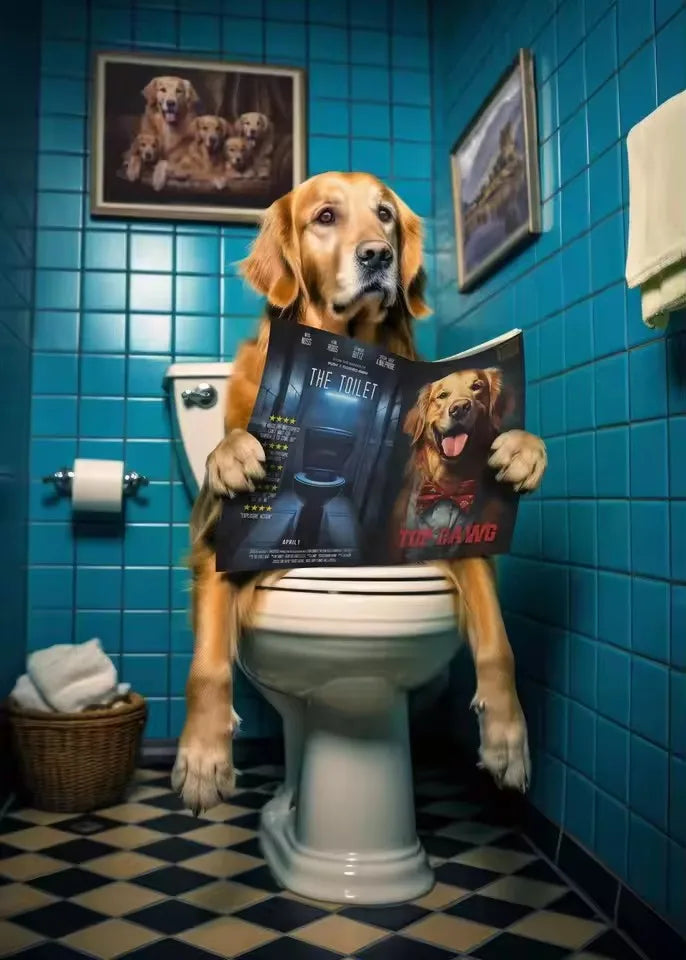 Canvas Print Wall Art for Pet Lovers,for Home Decor Bedroom,Kitchen,Living Room,Bathroom, Hotel 1pc Playful Dachshund on Toilet Peaceful Pleasures Health and Wellness
