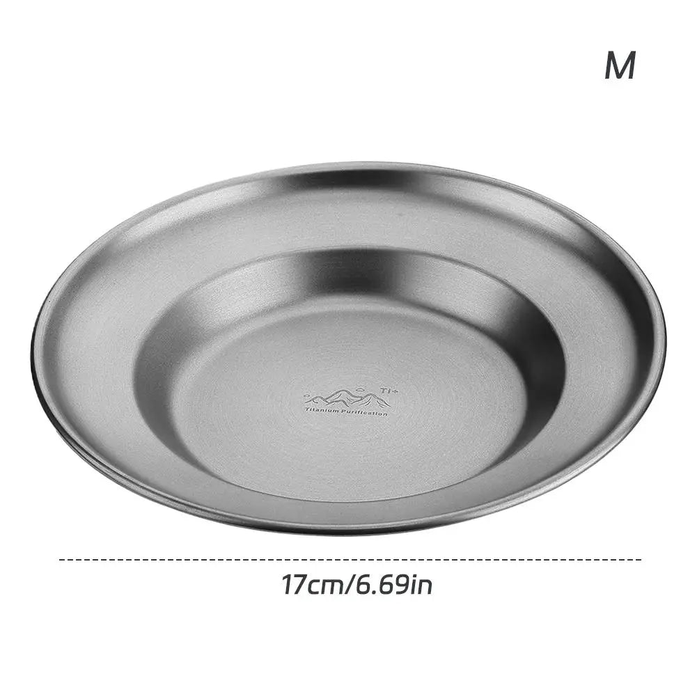 Outdoor Camping Steak Pizza Fruit Cake Snack Deep Disc Anti-overflow Plate Titanium Purified Stainless Steel Dinner Plate Set Peaceful Pleasures Health and Wellness 17cm