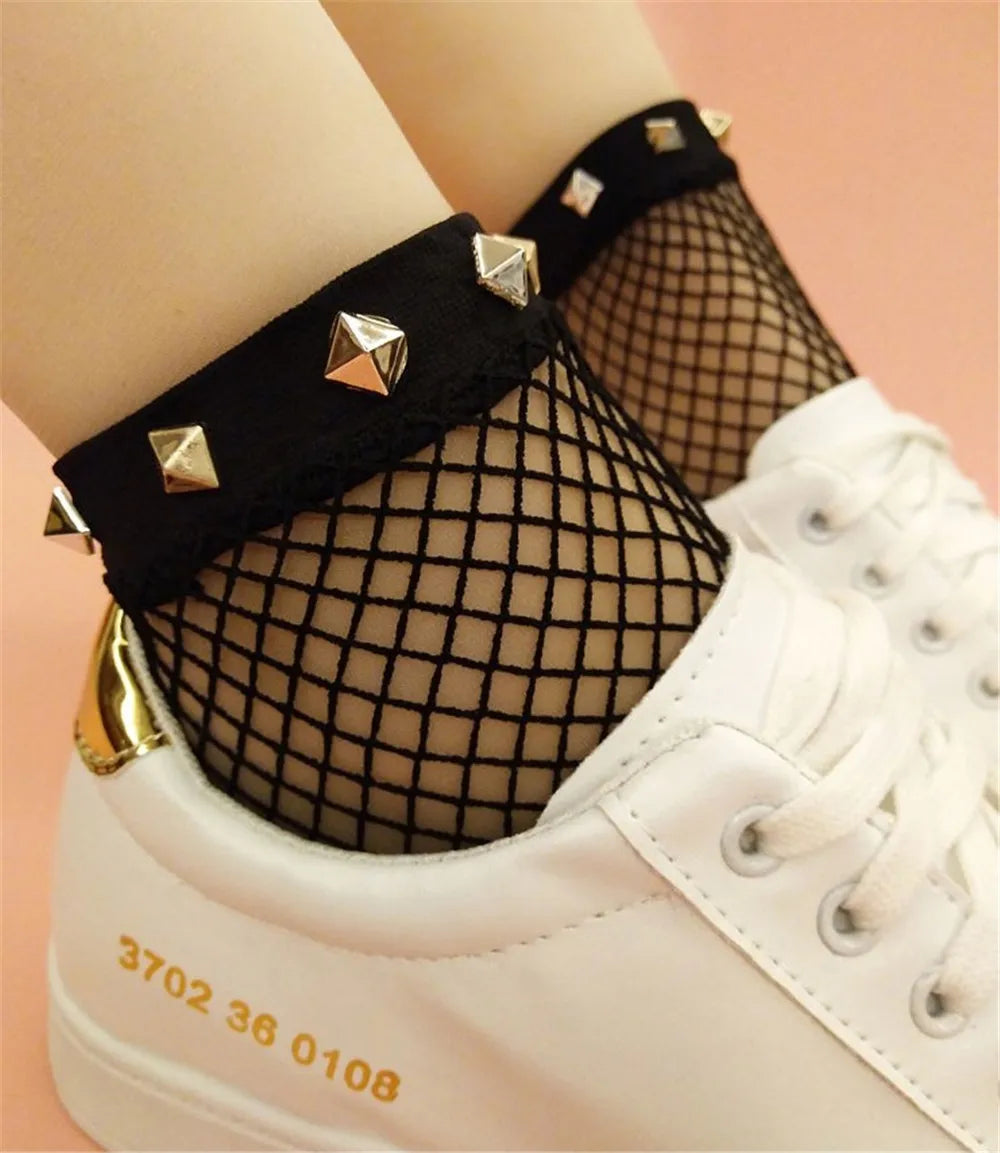 1pairs/2PCS Chic Streetwear Women's Harajuku Breathable Rivet Fishnet Socks.Sexy Hollow out Nets Socks Ladies Mesh Sox Hosiery Peaceful Pleasures Health and Wellness