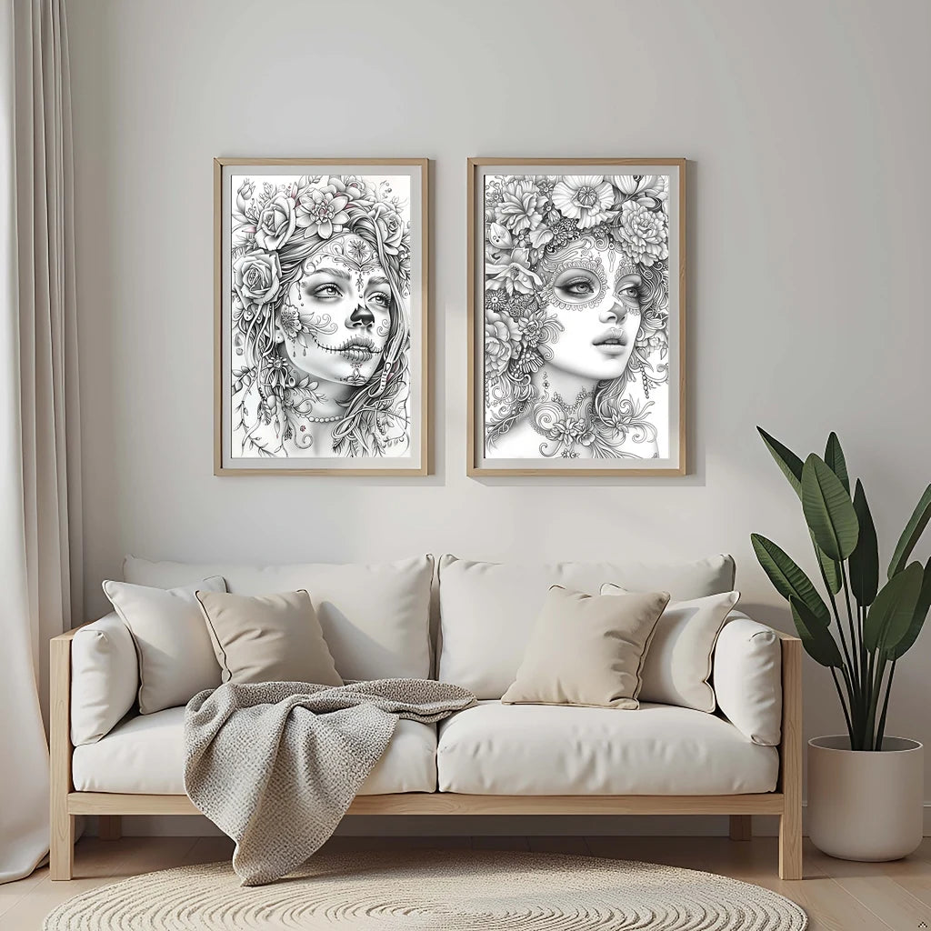 Black & White Skull Girl Makeup Canvas Wall Art | Modern Print Canvas Wall Art Peaceful Pleasures Health and Wellness