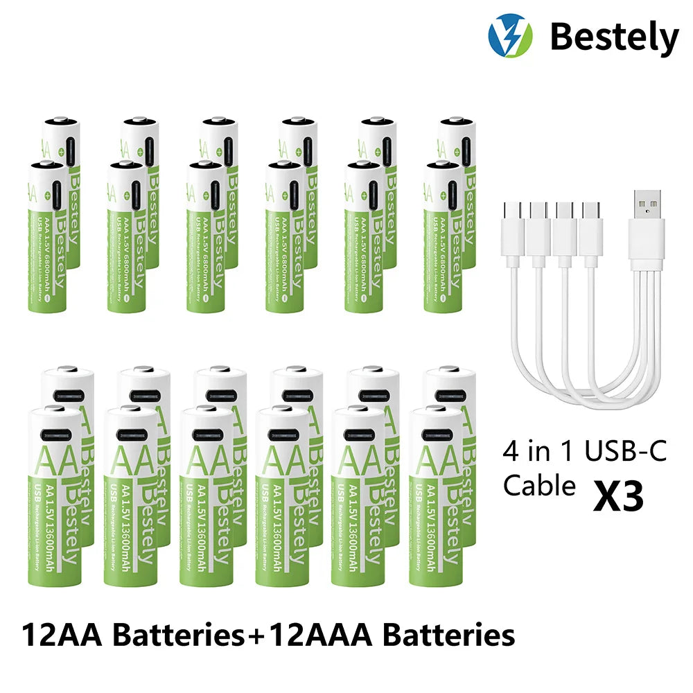 1.5V AA 13600mAh + AAA 6800mAh Rechargeable Lithium Battery Set with USB-C Fast Charging Type C Cable Peaceful Pleasures Health and Wellness 12AA 12AAA