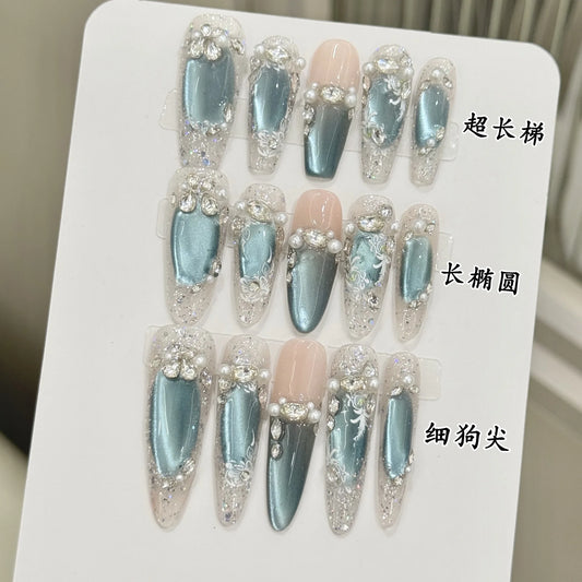 Ice Blue Cat Eye Press On Nails | Pearl Glitter False Nail Tips Press On Nails Peaceful Pleasures Health and Wellness