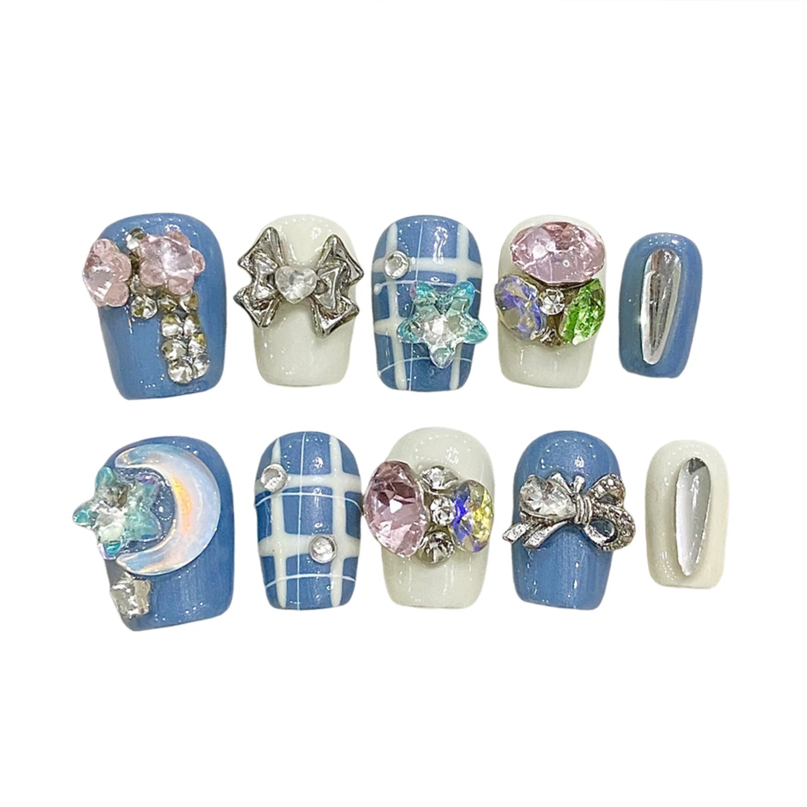 Handmade Press On Nails Short Square Plaid Pattern False Nails Wearable Shiny Crystal Sweet Bow Decor Korean Lady Fake Nails Peaceful Pleasures Health and Wellness XS