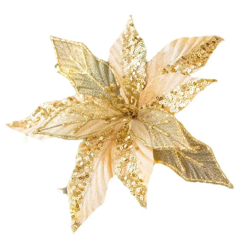 Christmas Glitter Poinsettia Artificial Flower Ornaments | Set of 6