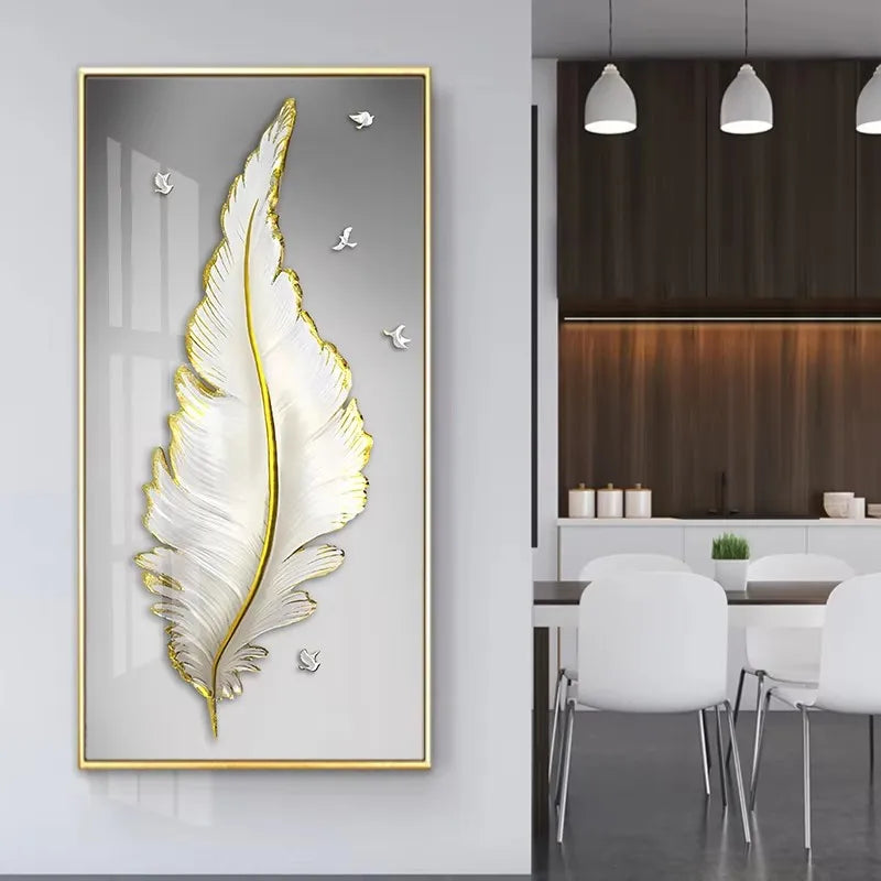 Nordic Luxury Abstract Wall Art Golden White Feathers Canvas Painting Gold Ribbon Posters for Porch Corridor Home Decoration Peaceful Pleasures Health and Wellness ZLH3205 30x45cm No Frame