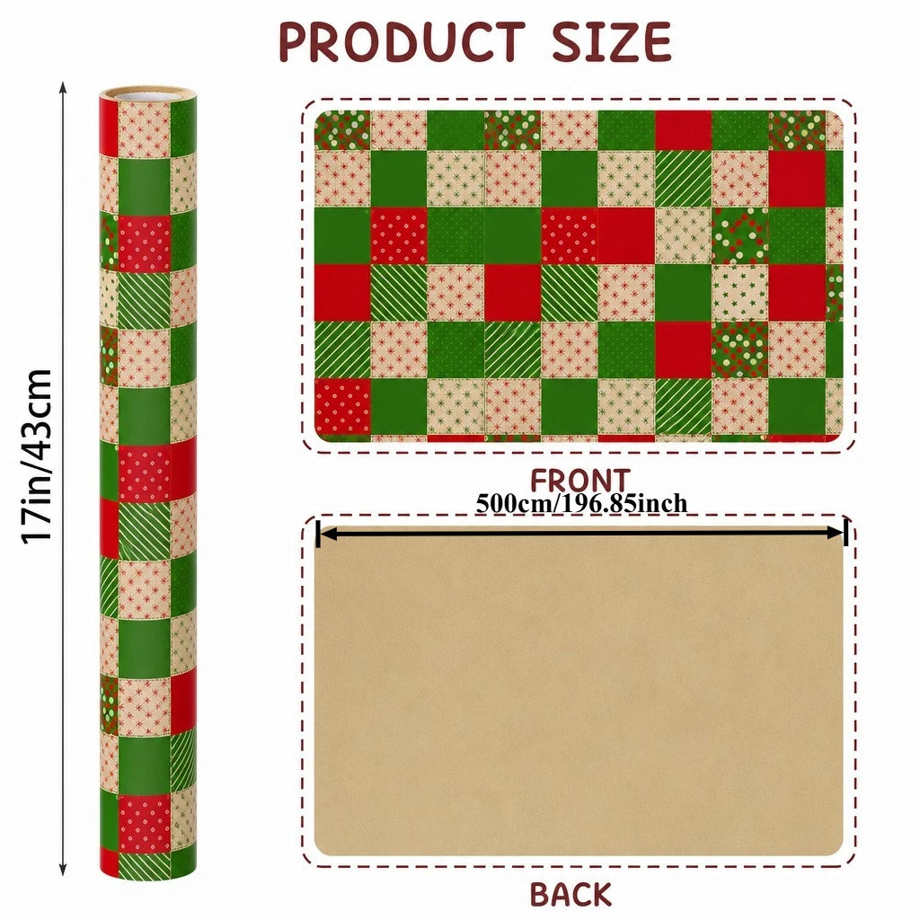 Christmas Wrapping Paper Roll Patchwork Plaid Red Green Kraft Design