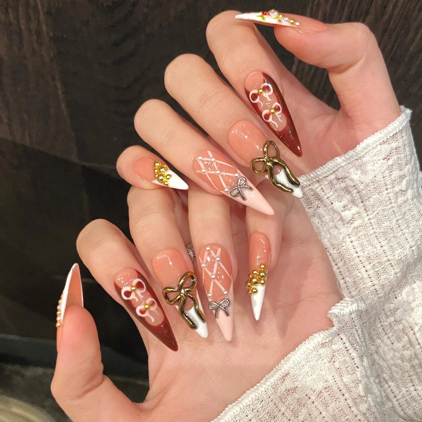 Korean 3D Gold Bow Press On Nails – Long Almond French Tips