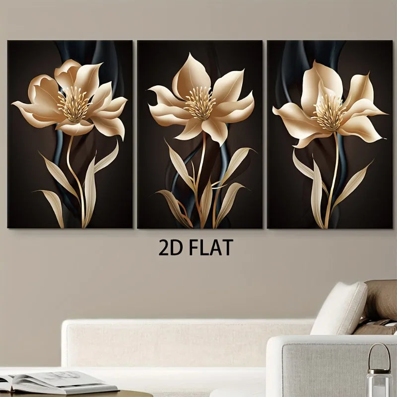 2D Flat, 3pcs of Modern Abstract Black and Golden Floral Wall Art Canvas Paintings for Living Room Decoration, 2D Flat Frameless Peaceful Pleasures Health and Wellness