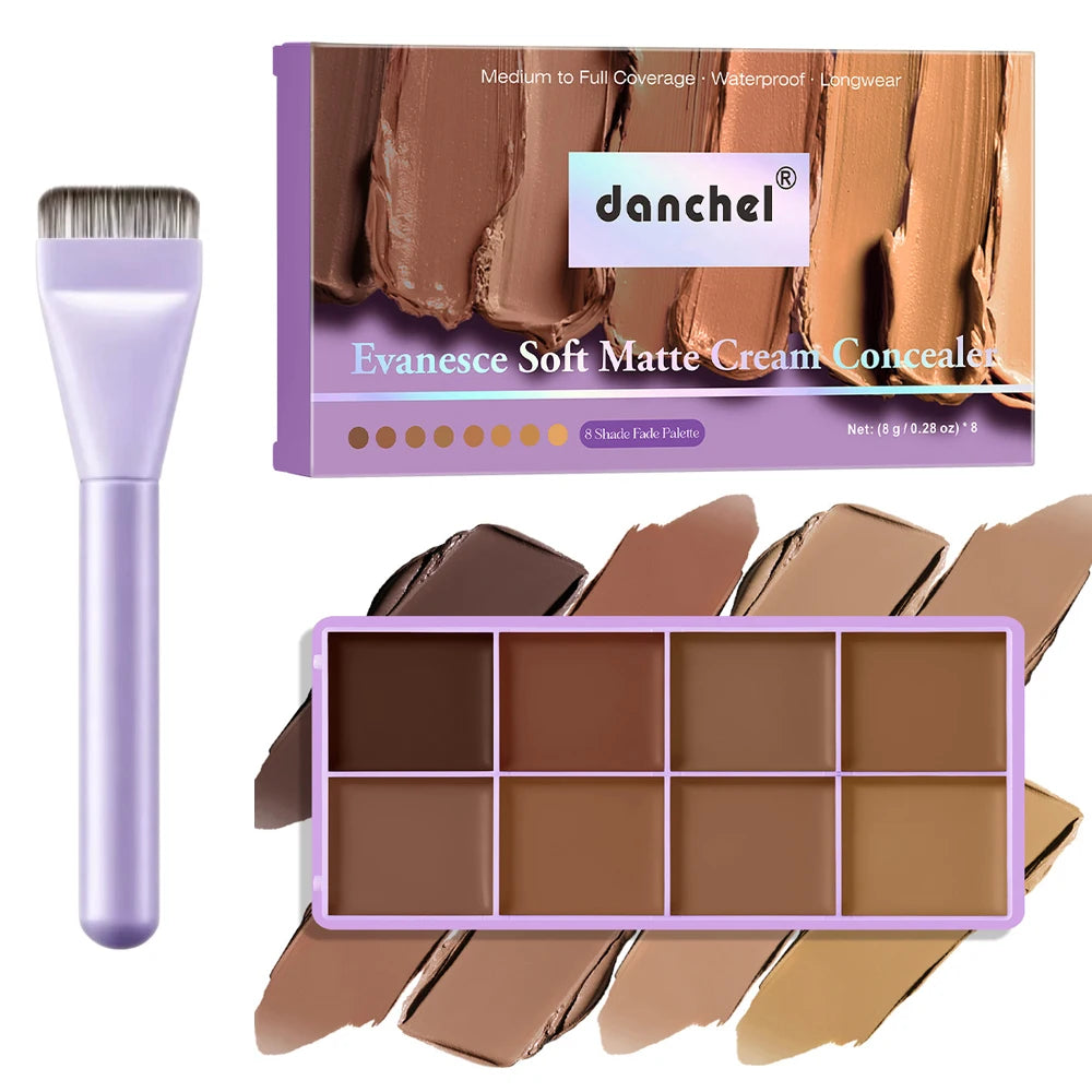 Full Coverage Concealer Palette 8 Colors Soft Matte Cream Concealer With Cosmetic Brush Waterproof Oil Control Long Lasting Cove Peaceful Pleasures Health and Wellness tan and brush
