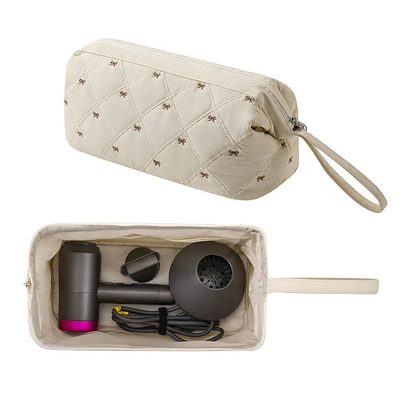 New Multi Functional Hair Dryer Storage Bag for Travel Cute Bow Embroidery Quilted Hair Tools Waterproof Zipper Cosmetic Bags Peaceful Pleasures Health and Wellness Beige