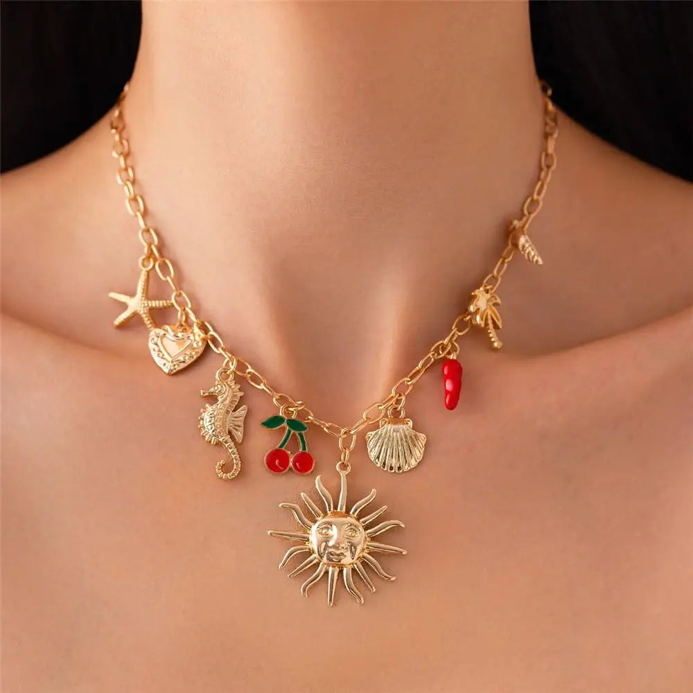 Vintage Enamel Cherry Necklace – Ocean Style Gold Pendant for Women