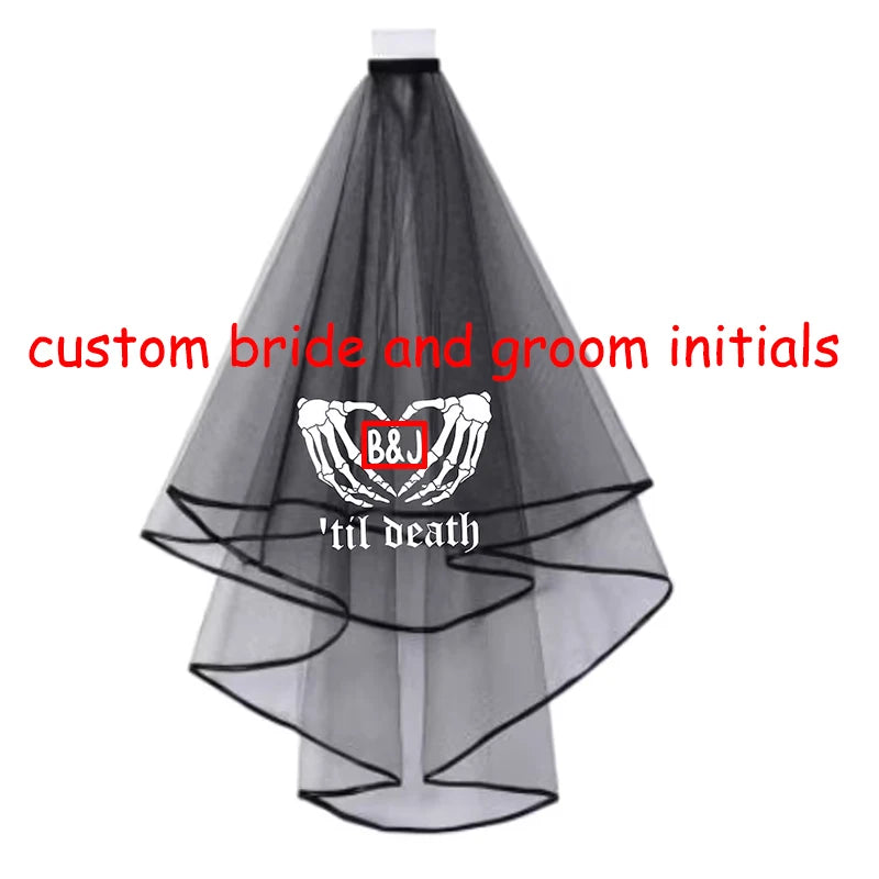 Personalised Gothic 'Til Death Hen Party Veil | Goth Bridal Gift Personalised Bridal Veil Peaceful Pleasures Health and Wellness custom initials veil message us initials