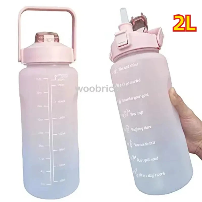 2L Motivational Sports Water Bottle with Time Marker & Straw