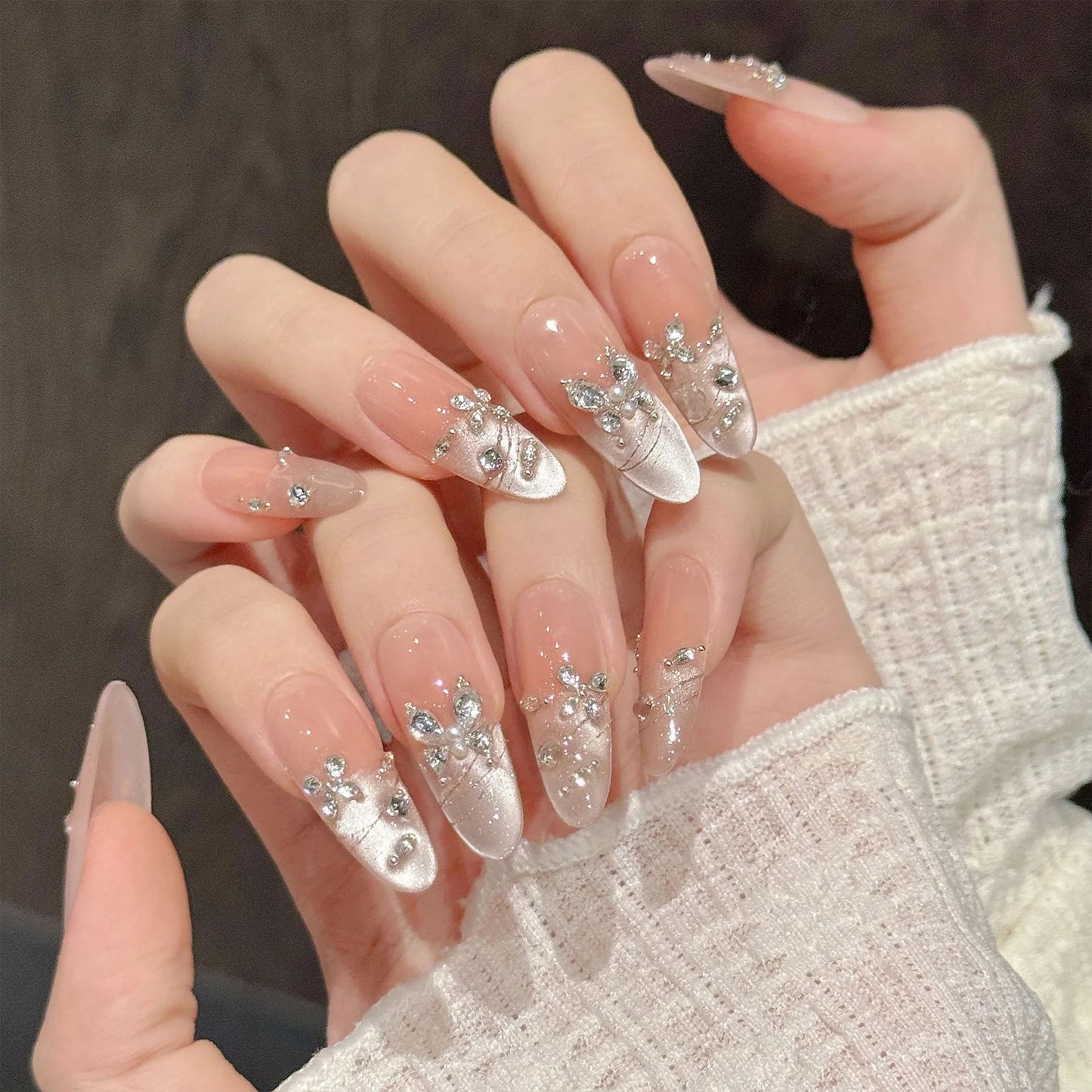 10pcs Handmade Press on Nails Green Flower Print Short Oval Head Fake Nails Wearable Glitter Green Cat Eye False Nail Tips Peaceful Pleasures Health and Wellness M 1