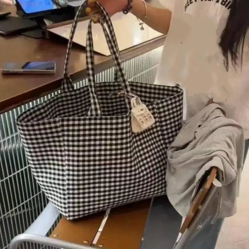 Large Canvas Tote Bag – Striped Plaid Shoulder Bag for Women