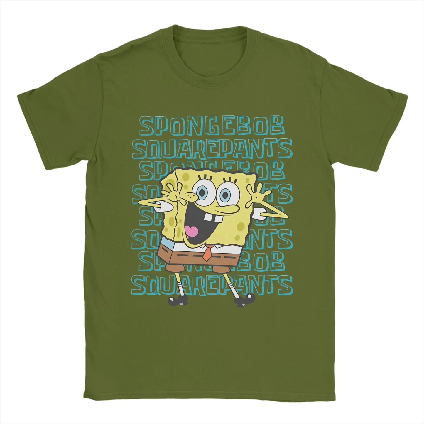 Fun S-Spongebobs T-Shirts Men Crew Neck Pure Cotton T Shirt Short Sleeve Tee Shirt Printed Clothing Peaceful Pleasures Health and Wellness army green M